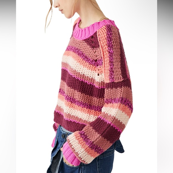 Free People Devon Sweater NWT Fuchsia Rose Combo - Picture 3 of 6